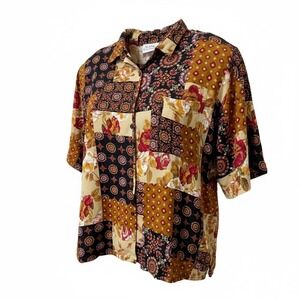 California Connection Button Front Shirt 22W Printed Short Sleeve 90s Patchwork